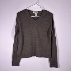 NWT L.L. Bean Women's Dark Brown 100% Wool V-Neck Sweater Size Small
